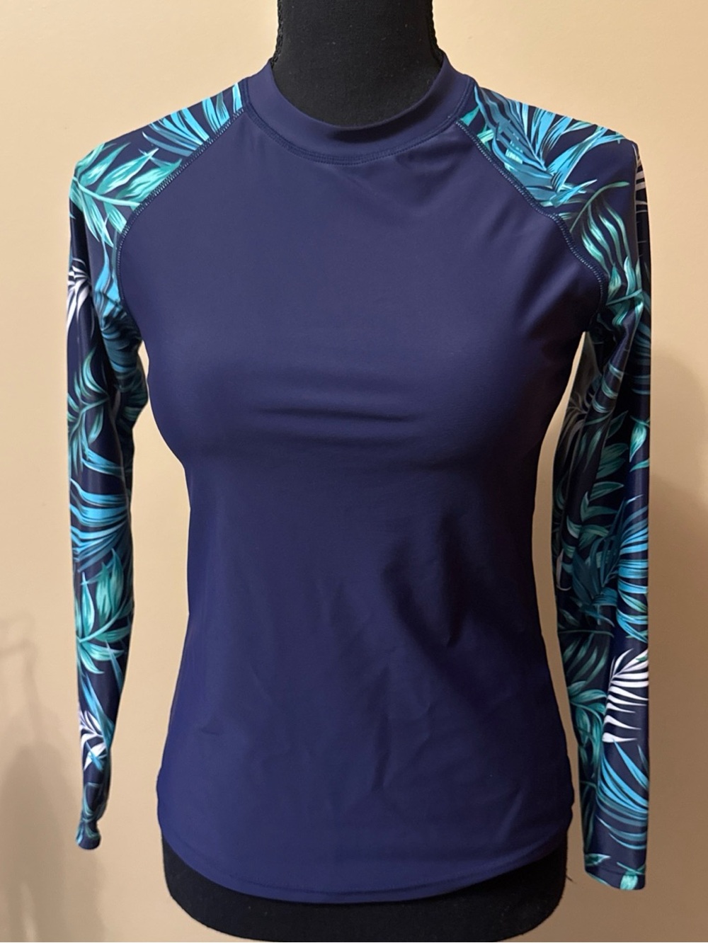Women's Navy Long-Sleeve Swim Coverup with Teal Tropical Print Sleeves
